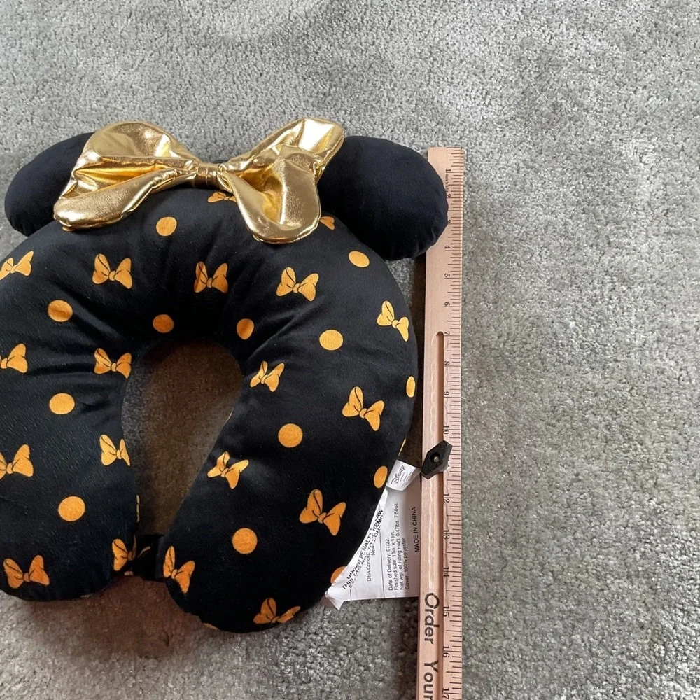 Disney Minnie Mouse Travel Pillow U Shape Black Gold Polka Dot Bow‎ Neck Rest